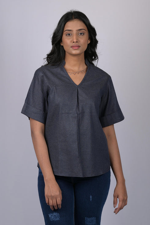 Solid v neck top for women western wear stylish tops magic cotton short sleeve Dark Grey Colour V-Neck Top With Collar (OTL-TPS1044)